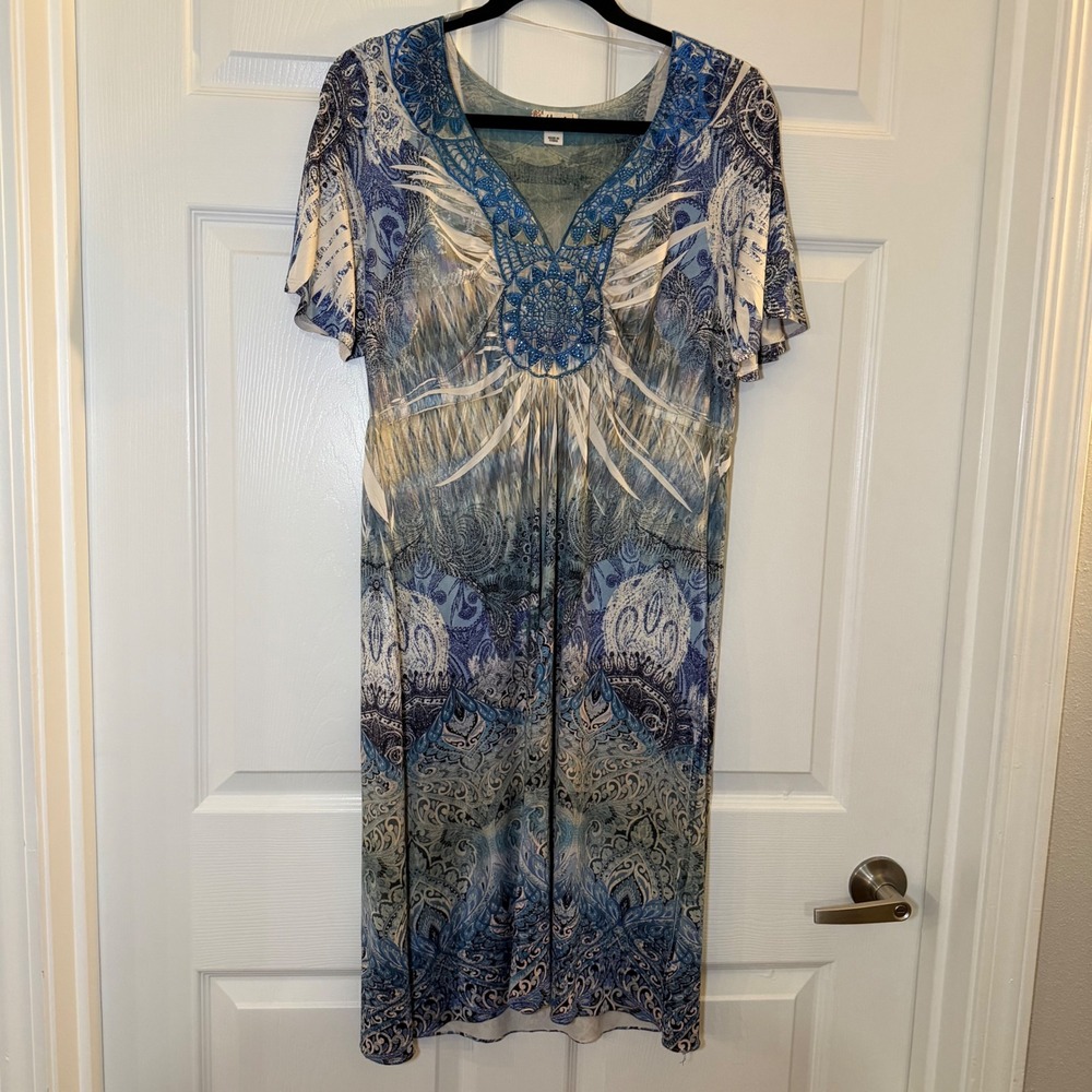 World Unity Paisley Boho Dress Blue Large Short Sleeve V-Neck Casual Summer